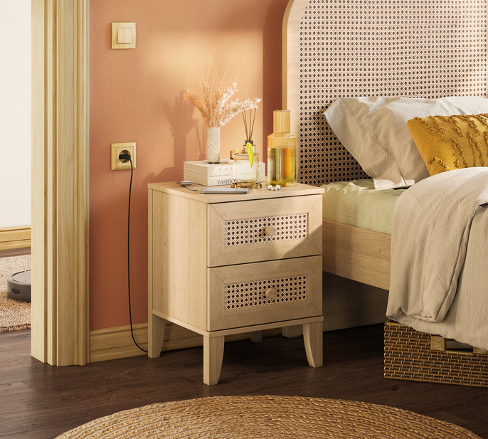 nachtommode helles holz rattan optik